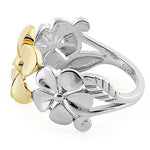Solid 14K Yellow Gold & Sterling Silver Triple Plumeria Ring