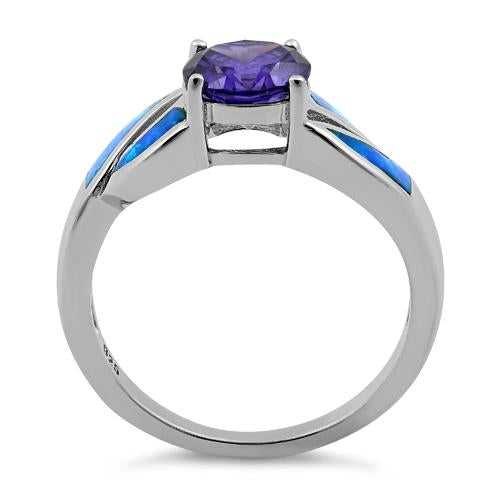 Sterling Silver Amethyst Center Round Stone Blue Lab Opal Ring