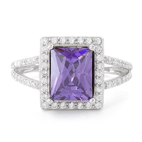 Sterling Silver Amethyst Rectangular Halo CZ Ring