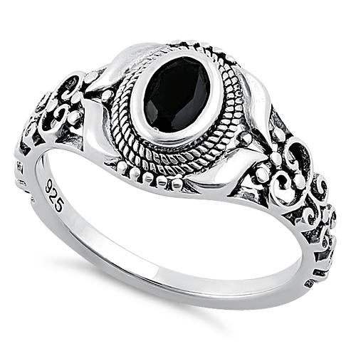 Sterling Silver Austere Oval Black CZ Ring