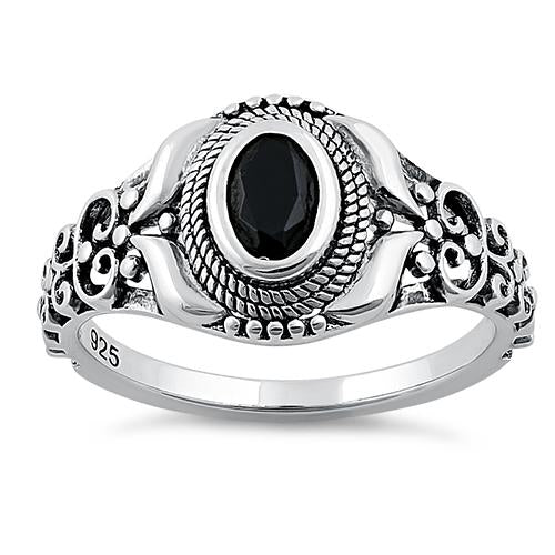 Sterling Silver Austere Oval Black CZ Ring