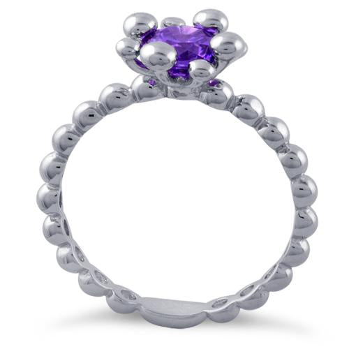Sterling Silver Beaded Amethyst Round CZ Ring