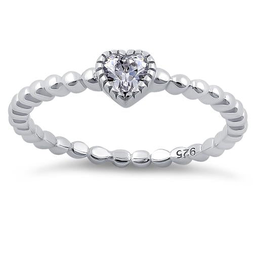 Sterling Silver Beaded Clear Heart CZ Ring