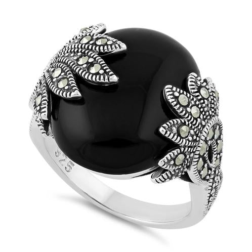 Sterling Silver Big Round Black Onyx Floral Marcasite Ring