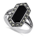 Sterling Silver Black Onyx Diamond Shaped Marcasite Ring