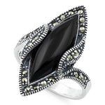 Sterling Silver Black Onyx Marquise Marcasite Ring