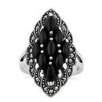 Sterling Silver Black Onyx Marquise Marcasite Ring