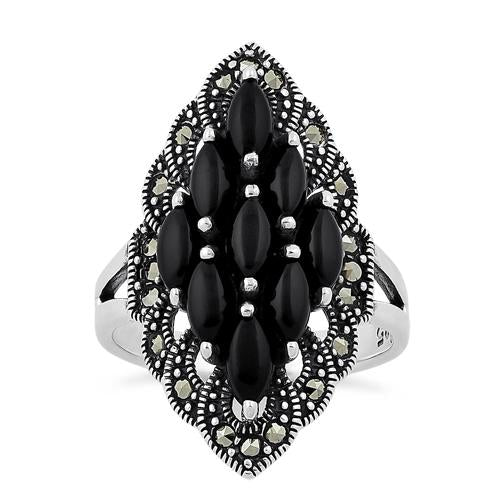 Sterling Silver Black Onyx Marquise Marcasite Ring