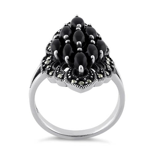 Sterling Silver Black Onyx Marquise Marcasite Ring