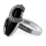 Sterling Silver Black Onyx Oval Wrap Marcasite Ring