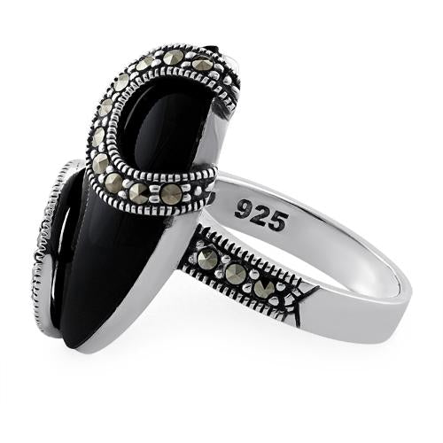 Sterling Silver Black Onyx Oval Wrap Marcasite Ring