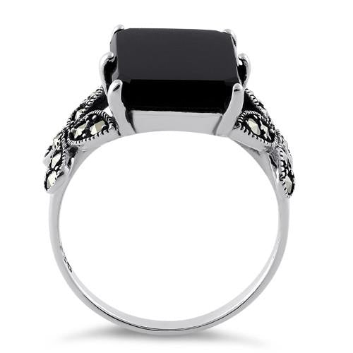 Sterling Silver Black Onyx Square Butterfly Marcasite Ring