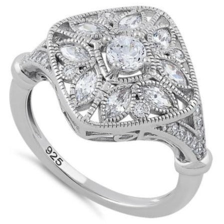 Sterling Silver Blooming Flower Round Cut Clear CZ Ring