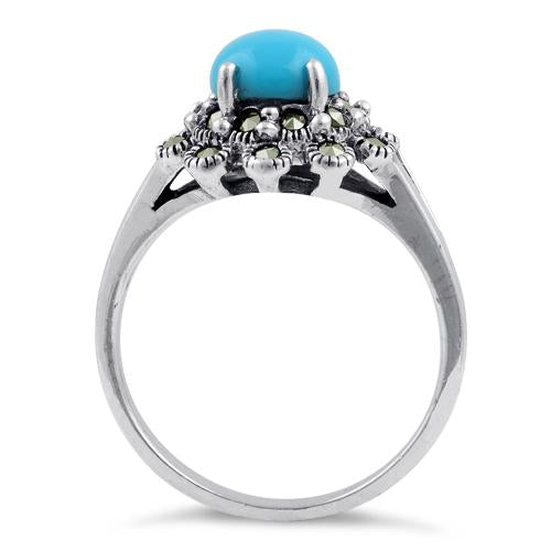 Sterling Silver Simulated Turquoise Flower Marcasite Ring