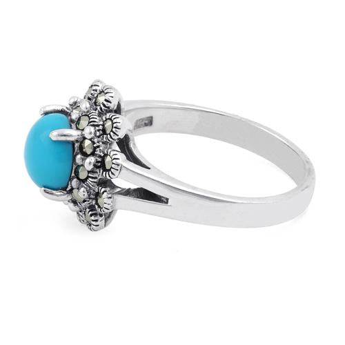Sterling Silver Simulated Turquoise Flower Marcasite Ring