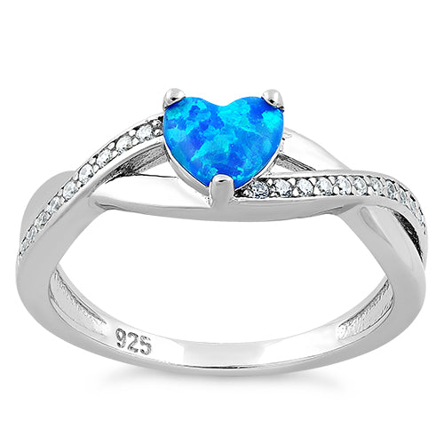 Sterling Silver Blue Lab Opal Heart String CZ Ring