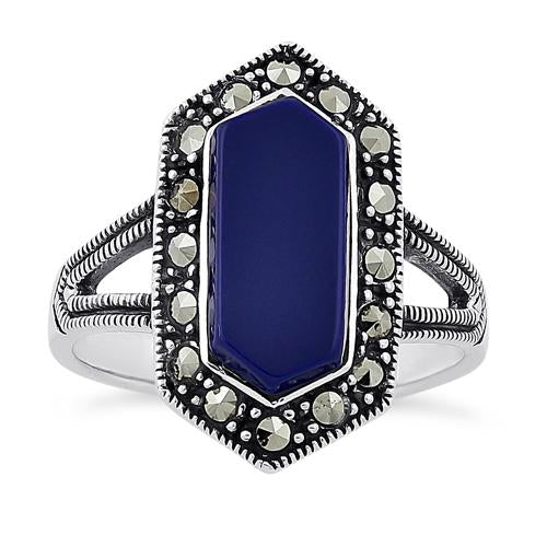 Sterling Silver Blue Lapis Diamond Shaped Marcasite Ring