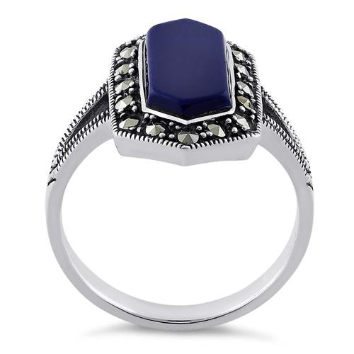 Sterling Silver Blue Lapis Diamond Shaped Marcasite Ring