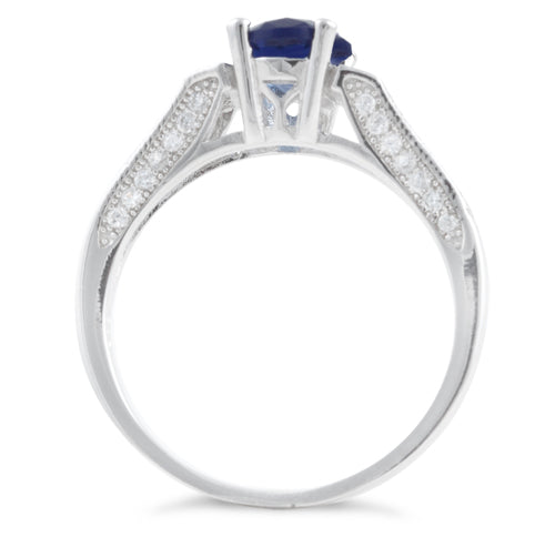 Sterling Silver Blue Sapphire Oval Cut CZ Ring