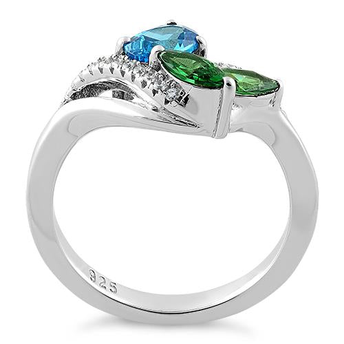 Sterling Silver Blue Topaz Oval Emerald Marquise CZ Ring
