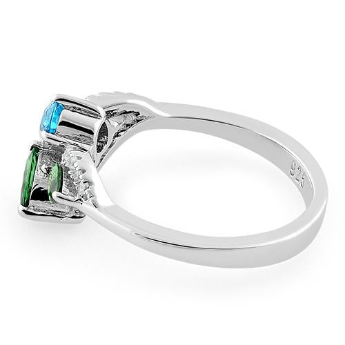 Sterling Silver Blue Topaz Oval Emerald Marquise CZ Ring