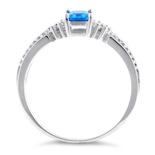 Sterling Silver Blue Topaz Rectangle CZ Ring
