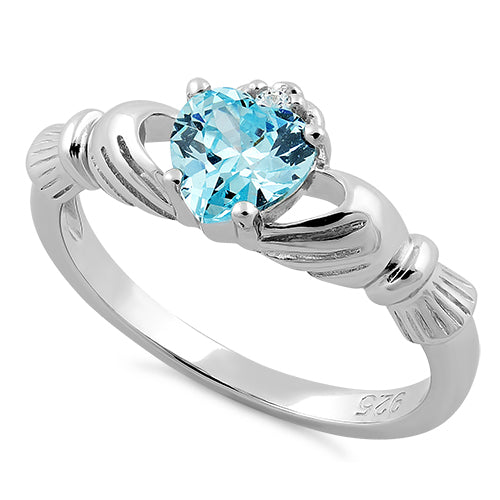 Sterling Silver Claddagh Blue Zircon CZ Ring