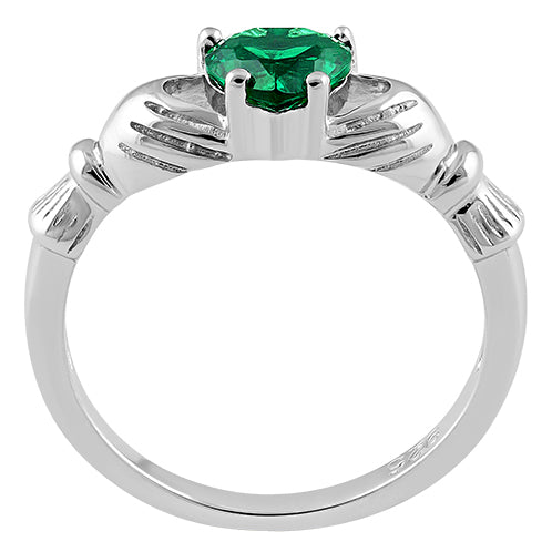 Sterling Silver Claddagh Emerald CZ Ring