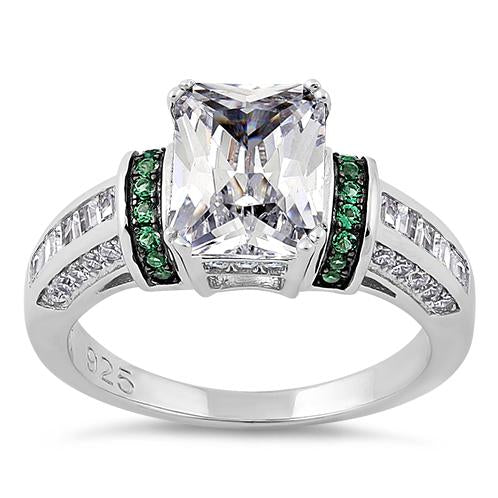 Sterling Silver Clear Emerald Cut Emerald CZ Ring