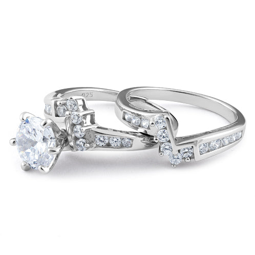 Sterling Silver Clear Round Cut Engagement Set CZ Ring