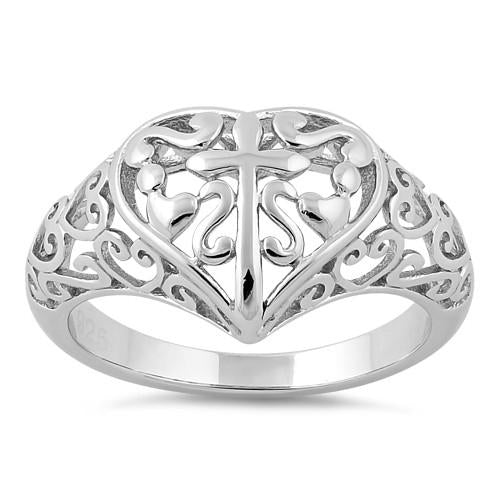 Sterling Silver Cross and Multiple Hearts Ring