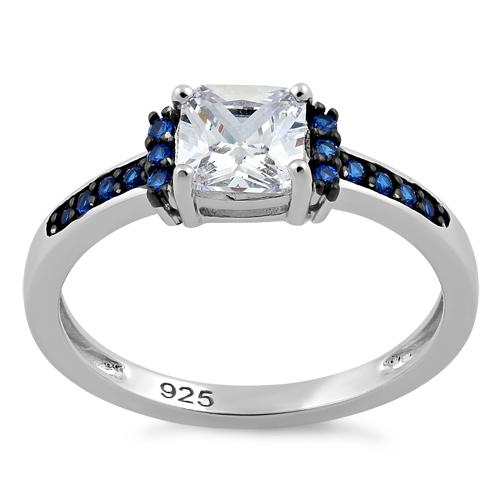 Sterling Silver Cushion Blue Spinel Clear CZ Ring