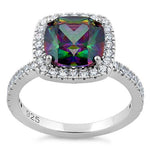 Sterling Silver Cushion Cut Rainbow CZ Ring