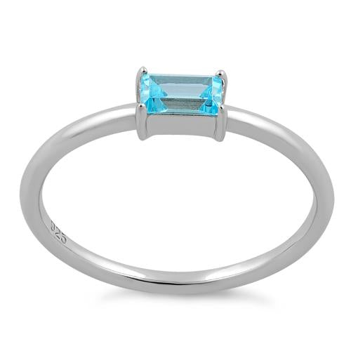 Sterling Silver Dainty Baguette Straight Aquamarine CZ Ring