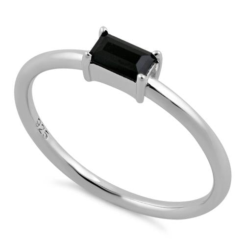 Sterling Silver Dainty Baguette Straight Black CZ Ring