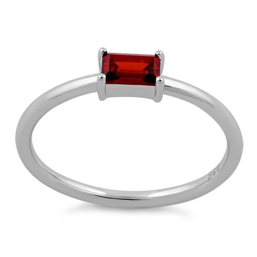 Sterling Silver Dainty Baguette Straight Garnet CZ Ring