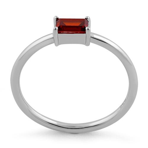 Sterling Silver Dainty Baguette Straight Garnet CZ Ring