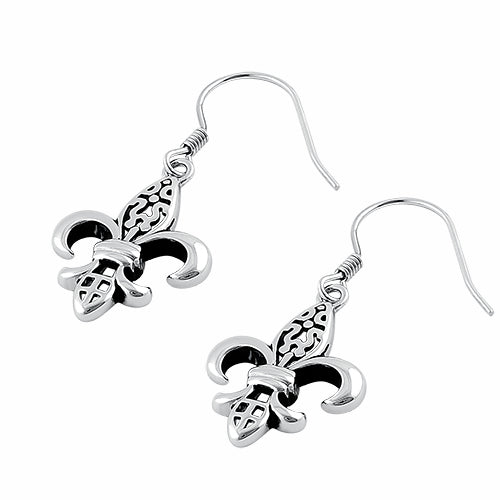 Sterling Silver RH-plated Textured Fleur de Lis Leverback Dangle Earrings - Unclaimed Diamonds Sterling Silver RH-plated Textured Fleur de Lis Leverback Dangle Earrings - Unclaimed Diamonds