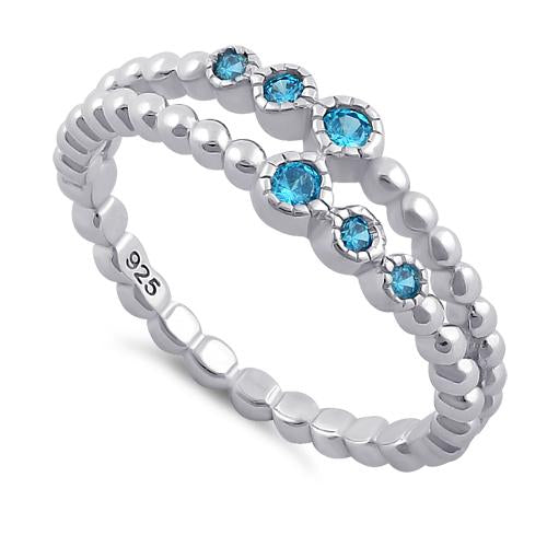 Sterling Silver Double Beaded Aqua Blue CZ Ring