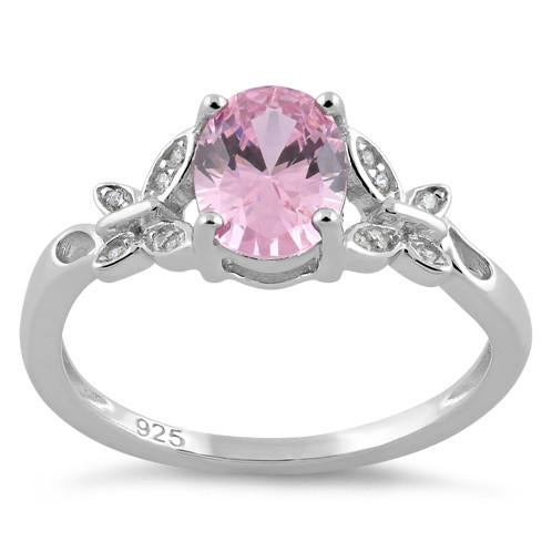 Sterling Silver Double Butterfly Pink Center Stone CZ Ring