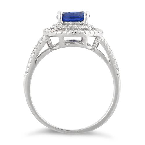 Sterling Silver Double Halo Round Blue Sapphire CZ Ring