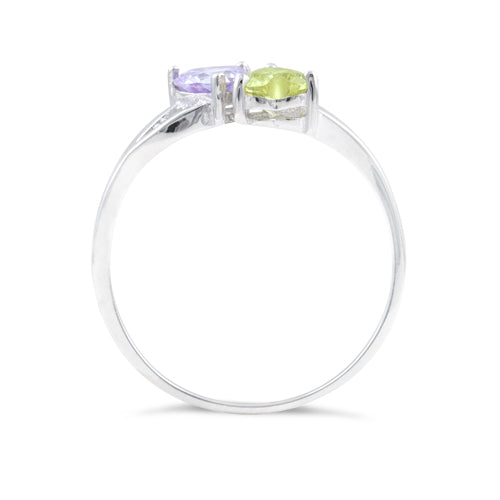 Sterling Silver Double Heart Apple Green & Lavender CZ Ring