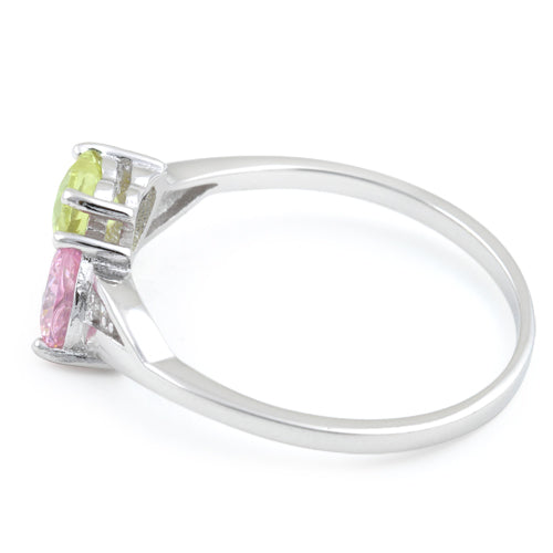 Sterling Silver Double Heart Apple Green & Pink CZ Ring