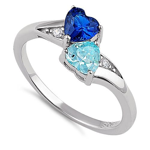 Sterling Silver Double Heart Blue  & Aquamarine CZ Ring