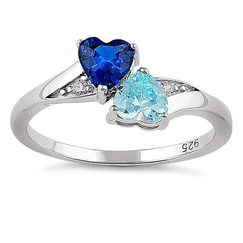 Sterling Silver Double Heart Blue  & Aquamarine CZ Ring