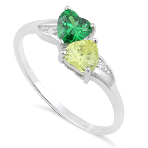 Sterling Silver Double Heart Green & Apple Green CZ Ring