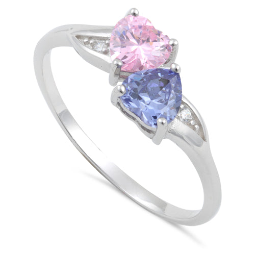 Sterling Silver Double Heart Light Tanzanite & Pink CZ Ring
