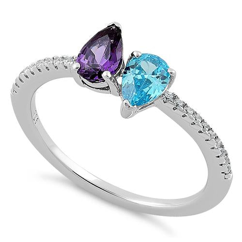Sterling Silver Double Tear Drop Aqua Blue Amethyst CZ Ring
