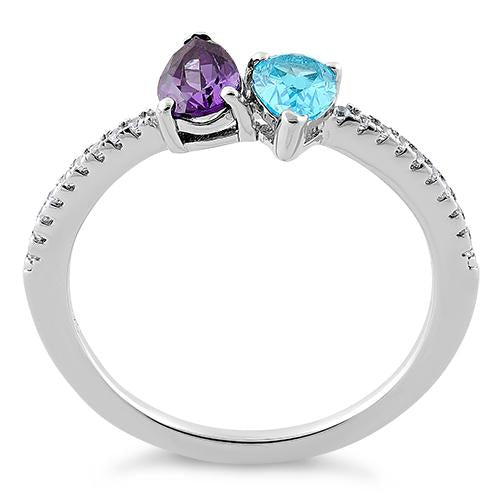Sterling Silver Double Tear Drop Aqua Blue Amethyst CZ Ring