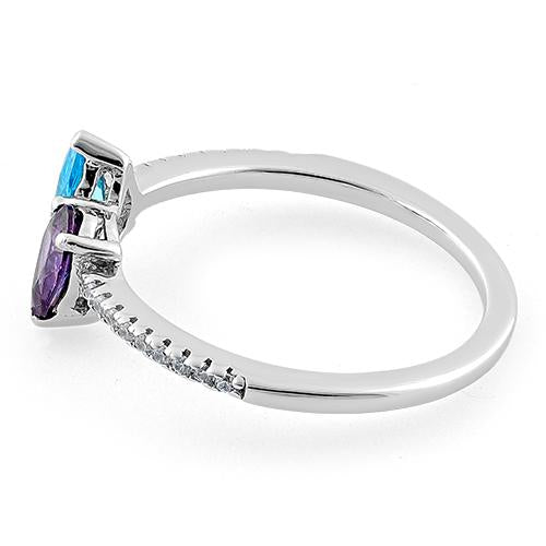 Sterling Silver Double Tear Drop Aqua Blue Amethyst CZ Ring